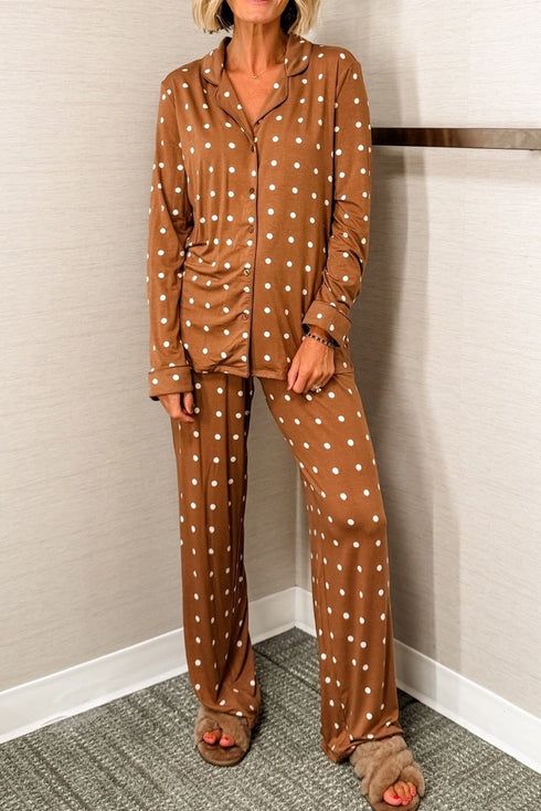 Polka Dot Long Sleeve Button Down Wide Leg Pajama Set