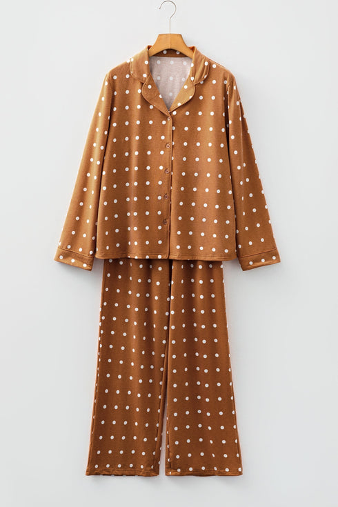 Polka Dot Long Sleeve Button Down Wide Leg Pajama Set