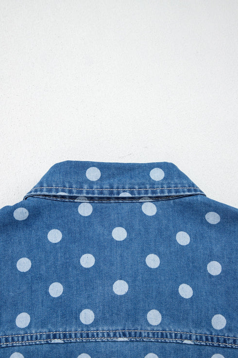 Polka Dot Long Sleeve Collar Shift Tunic Denim Jacket