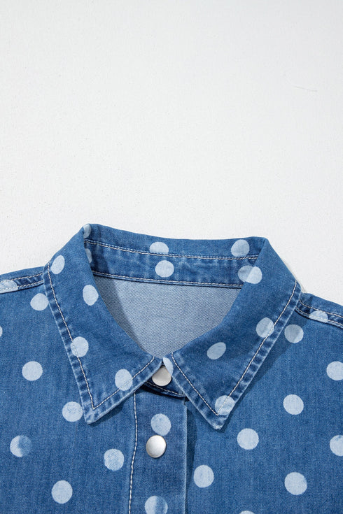 Polka Dot Long Sleeve Collar Shift Tunic Denim Jacket