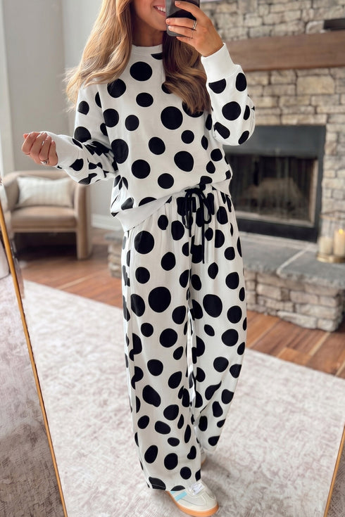 Polka Dot Long Sleeve Drawstring Relaxed Pant Set