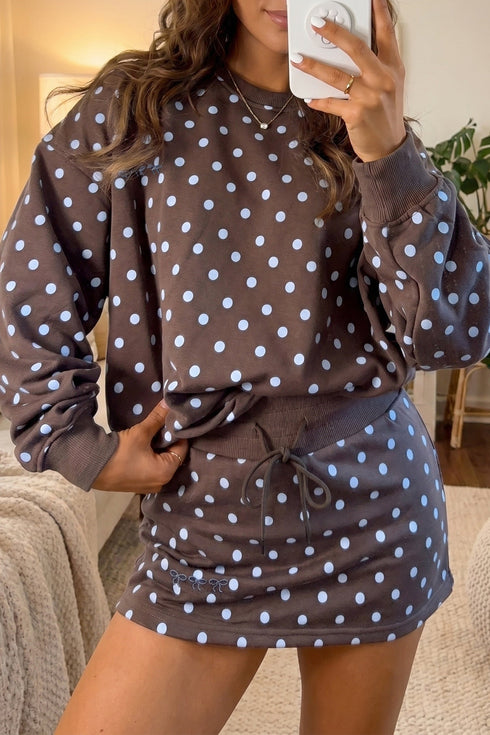 Polka Dot Long Sleeve Embroidered Bow Two Piece Dress