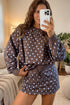 Polka Dot Long Sleeve Embroidered Bow Two Piece Dress