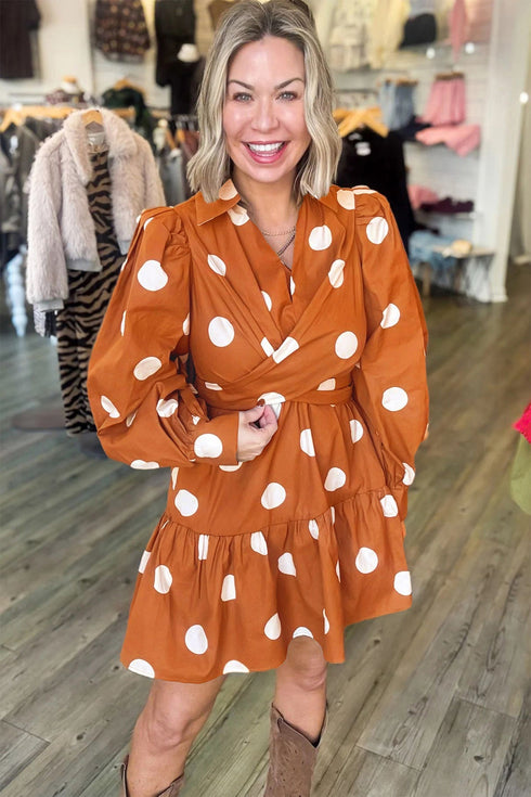Polka Dot Long Sleeve Tie Waist Shift Mini Dress