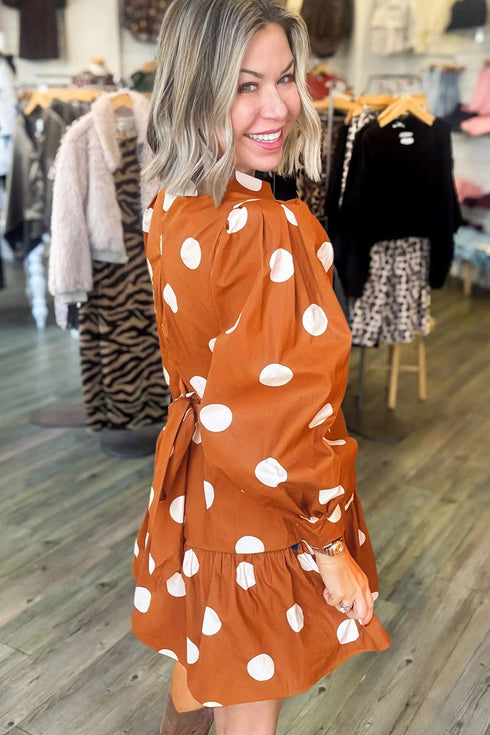 Polka Dot Long Sleeve Tie Waist Shift Mini Dress