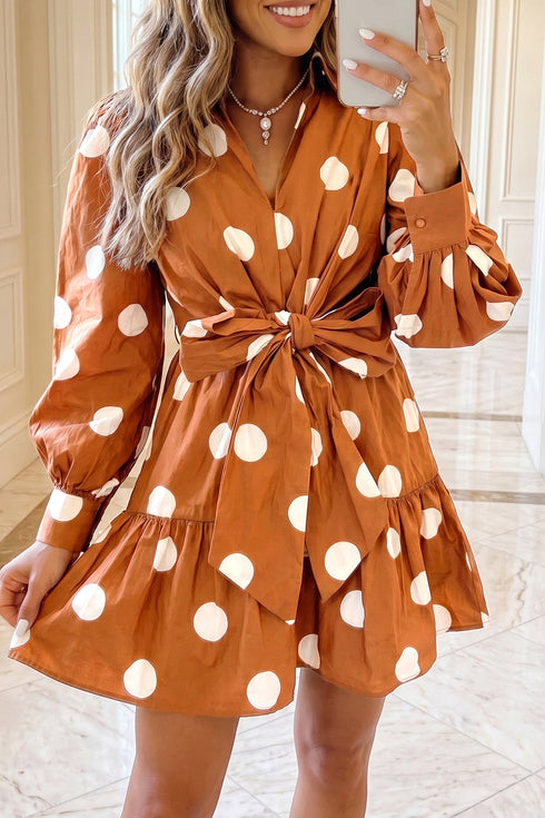 Polka Dot Long Sleeve Tie Waist Shift Mini Dress