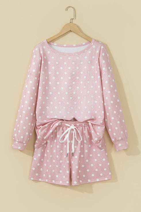 Polka Dot Long Sleeve Top Drawstring Loose Short Set