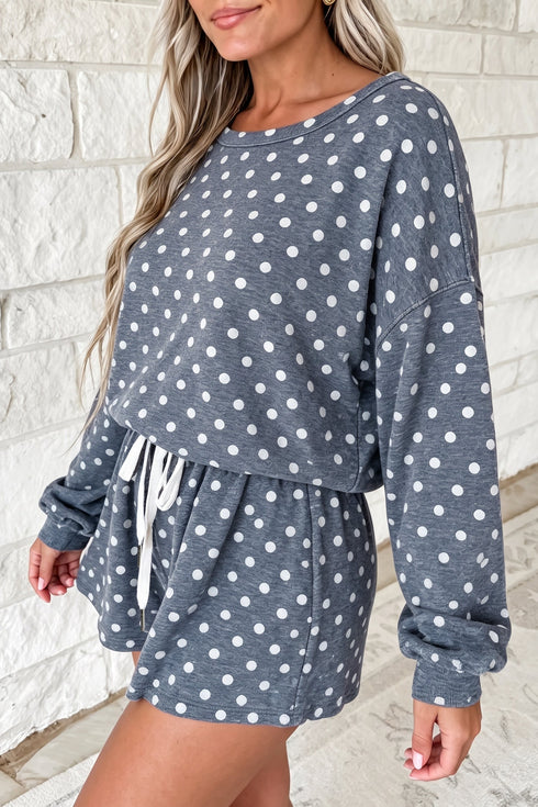 Polka Dot Long Sleeve Top Drawstring Loose Short Set