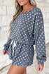 Polka Dot Long Sleeve Top Drawstring Loose Short Set