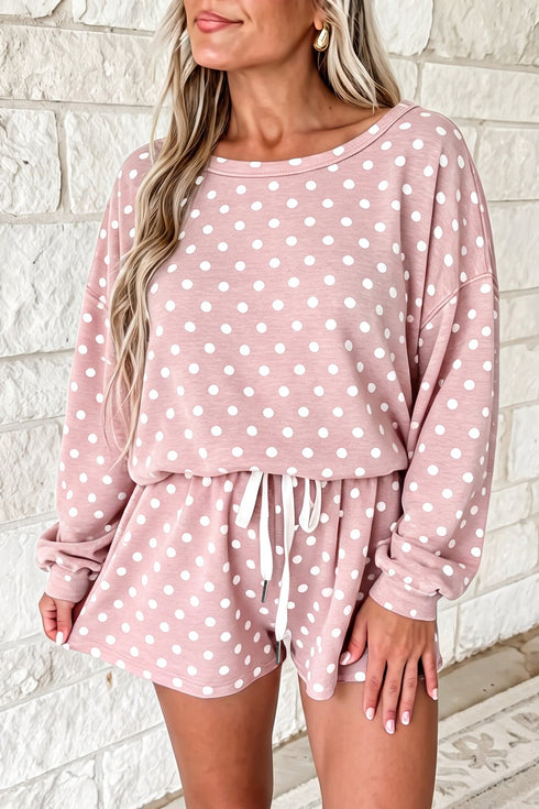 Polka Dot Long Sleeve Top Drawstring Loose Short Set