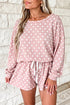 Polka Dot Long Sleeve Top Drawstring Loose Short Set