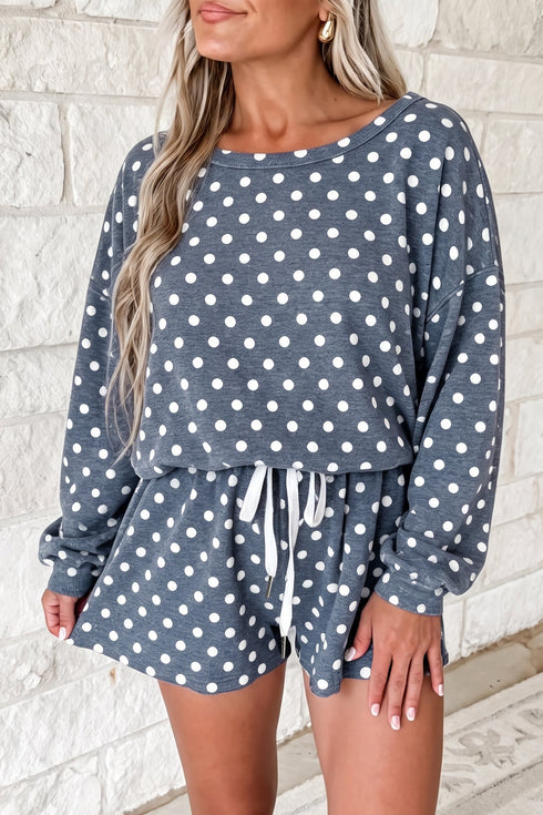 Polka Dot Long Sleeve Top Drawstring Loose Short Set