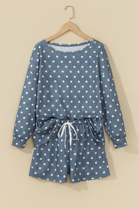 Polka Dot Long Sleeve Top Drawstring Loose Short Set
