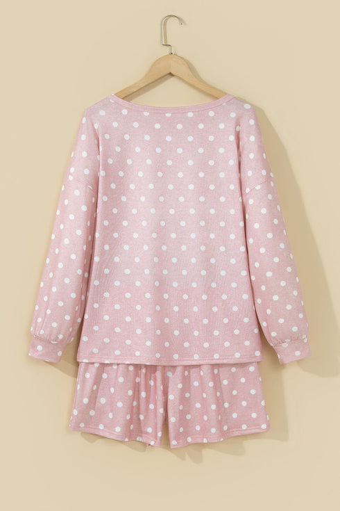 Polka Dot Long Sleeve Top Drawstring Loose Short Set
