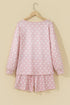 Polka Dot Long Sleeve Top Drawstring Loose Short Set