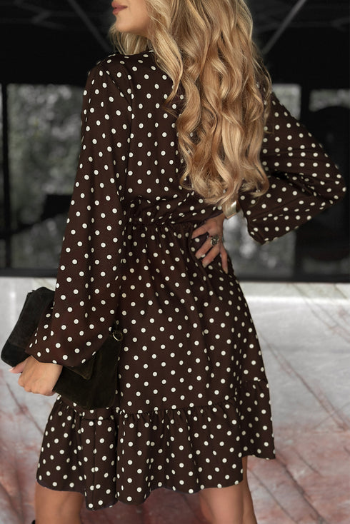 Polka Dot Long Sleeve Wrap Ruffle Hem Mini Dress