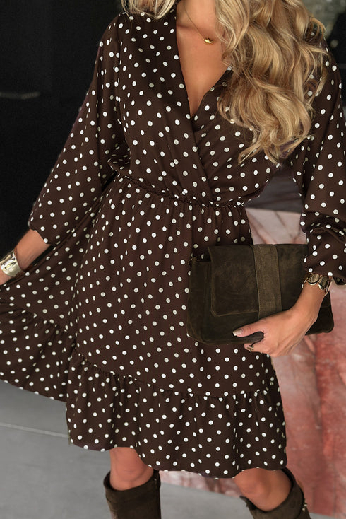 Polka Dot Long Sleeve Wrap Ruffle Hem Mini Dress