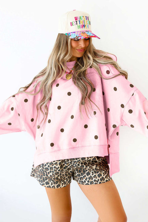 Polka Dot Loose Split Hem Long Sleeve Pullover Top