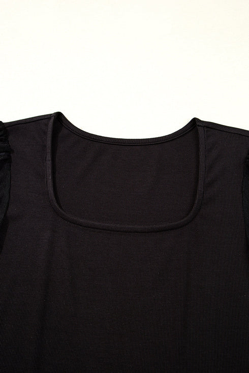 Polka Dot Mesh Puff Sleeve Ribbed Square Neck Top