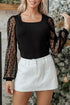 Polka Dot Mesh Puff Sleeve Ribbed Square Neck Top