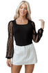 Polka Dot Mesh Puff Sleeve Ribbed Square Neck Top