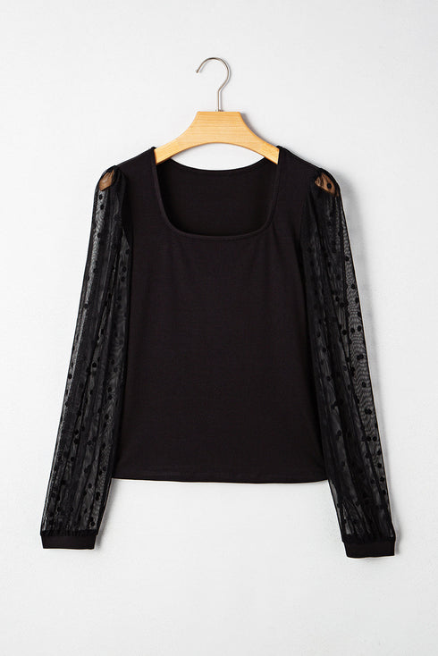 Polka Dot Mesh Puff Sleeve Ribbed Square Neck Top