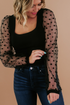Polka Dot Mesh Puff Sleeve Ribbed Square Neck Top