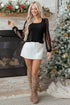 Polka Dot Mesh Puff Sleeve Ribbed Square Neck Top