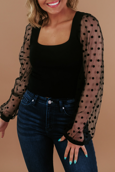 Polka Dot Mesh Puff Sleeve Ribbed Square Neck Top