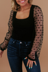 Polka Dot Mesh Puff Sleeve Ribbed Square Neck Top