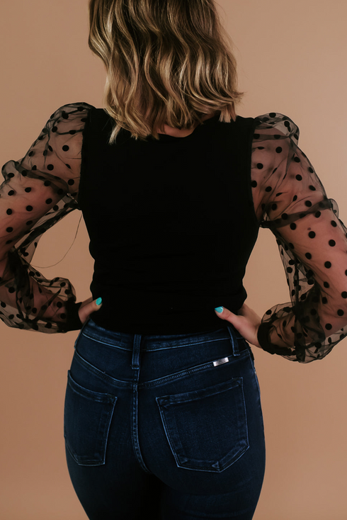 Polka Dot Mesh Puff Sleeve Ribbed Square Neck Top