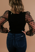 Polka Dot Mesh Puff Sleeve Ribbed Square Neck Top