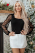 Polka Dot Mesh Puff Sleeve Ribbed Square Neck Top