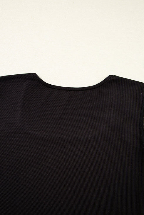Polka Dot Mesh Puff Sleeve Ribbed Square Neck Top