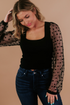 Polka Dot Mesh Puff Sleeve Ribbed Square Neck Top