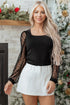 Polka Dot Mesh Puff Sleeve Ribbed Square Neck Top