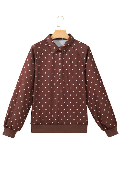 Polka Dot Metal Button Collared Pullover Sweatshirt