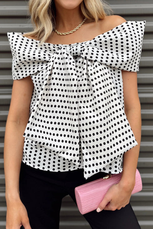 Polka Dot Off Shoulder Bow Knot Short Sleeve Blouse