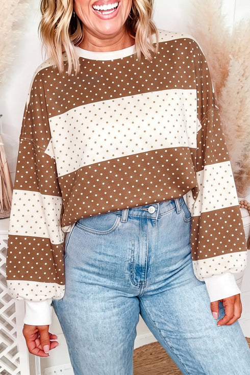 Polka Dot Paneled Seam Drop Shoulder Long Sleeve Top