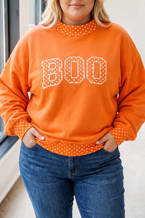 Polka Dot Patchwork Letter Applique Mock Neck Graphic Sweatshirt