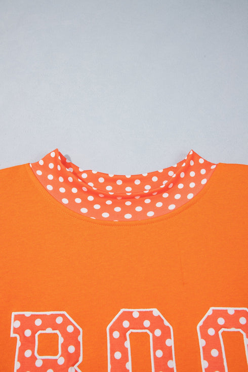 Polka Dot Patchwork Letter Applique Mock Neck Graphic Sweatshirt