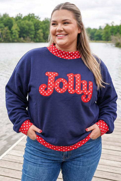 Polka Dot Patchwork Letter Applique Mock Neck Graphic Sweatshirt