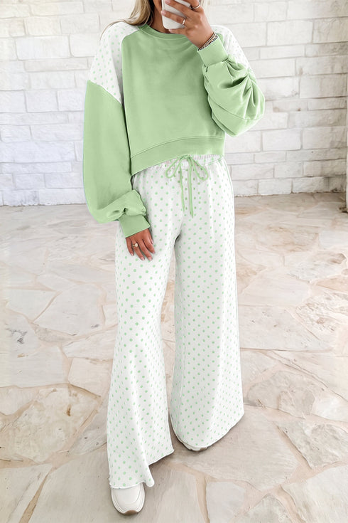Polka Dot Patchwork Long Sleeve Two Piece Pant Set