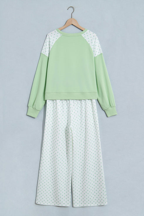Polka Dot Patchwork Long Sleeve Two Piece Pant Set
