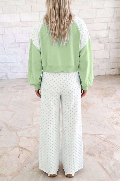 Polka Dot Patchwork Long Sleeve Two Piece Pant Set