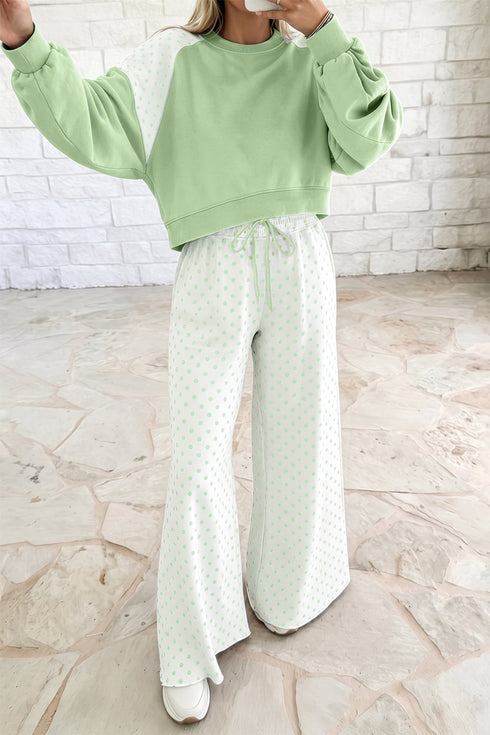 Polka Dot Patchwork Long Sleeve Two Piece Pant Set