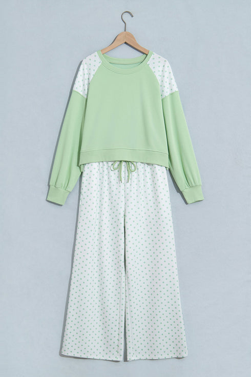 Polka Dot Patchwork Long Sleeve Two Piece Pant Set