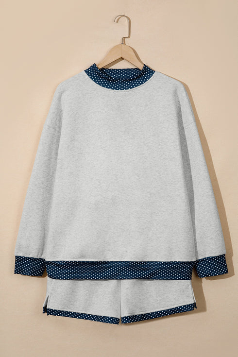 Polka Dot Patchwork Mock Neck Pullover Short Set