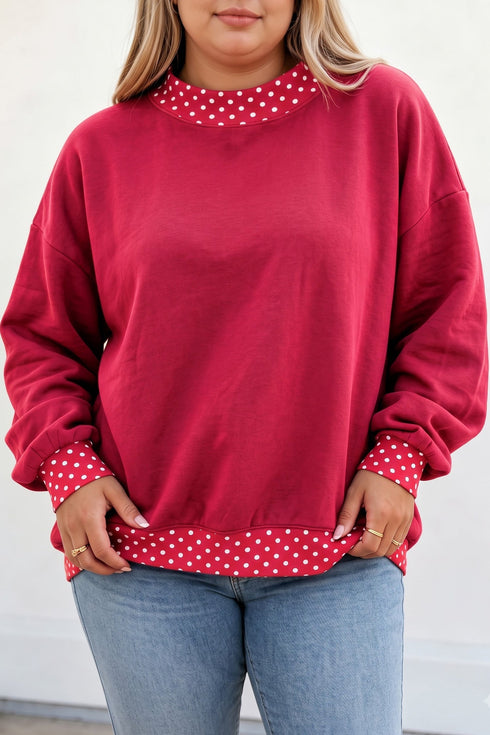 Polka Dot Patchwork Round Neck Relaxed Cotton Pullover Sweatshirt
