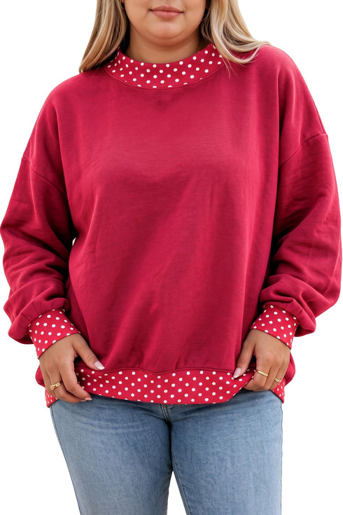 Polka Dot Patchwork Round Neck Relaxed Cotton Pullover Sweatshirt
